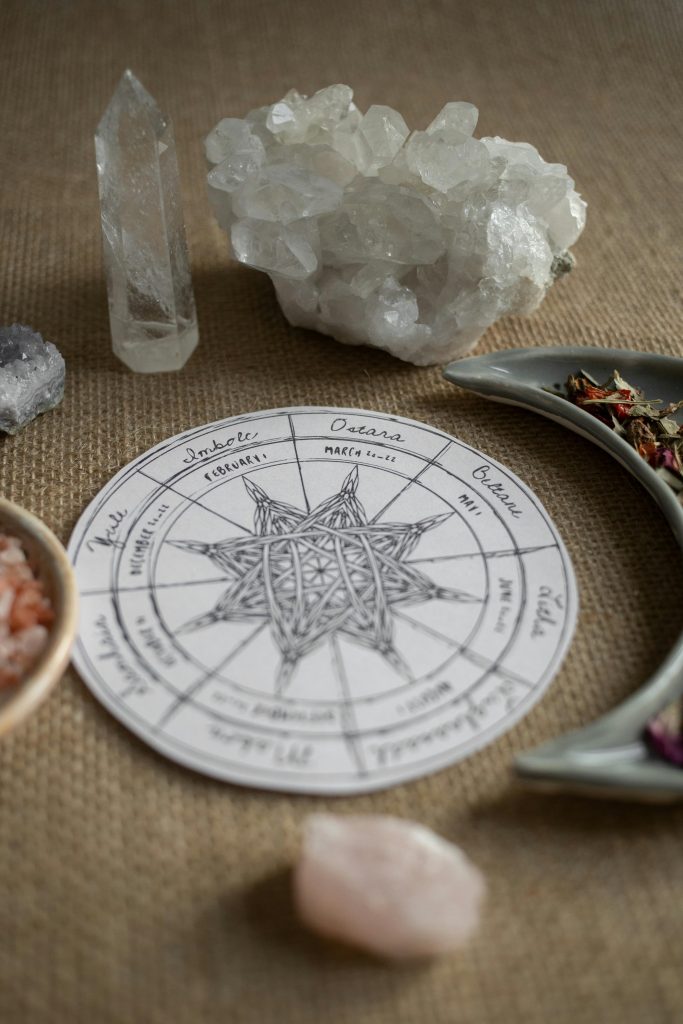 pexels photo 20419118 20419118 A mystical crystal grid setup featuring a modern pagan Wheel of the Year on a burlap surface.
